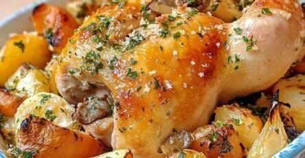 Poulet rôti doré au beurre de cèpes et ail, entouré de pommes de terre et carottes rôties.