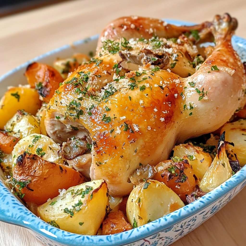 Poulet rôti doré au beurre de cèpes et ail, entouré de pommes de terre et carottes rôties.