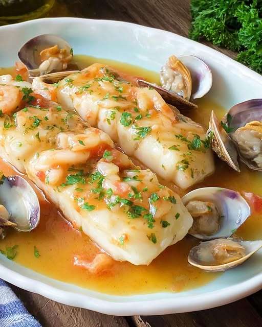Assiette de merlu nappé de sauce crémeuse aux fruits de mer avec crevettes, moules et calamars.
