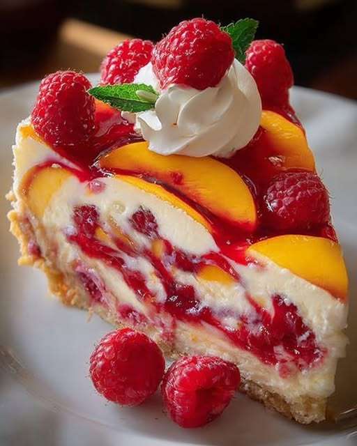 Part de cheesecake sans cuisson aux pêches et framboises avec base biscuitée et fruits frais en décoration.