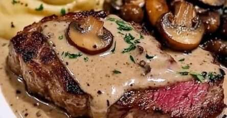 Filet mignon de bœuf nappé de sauce crémeuse au Boursin et champignons dans une assiette.