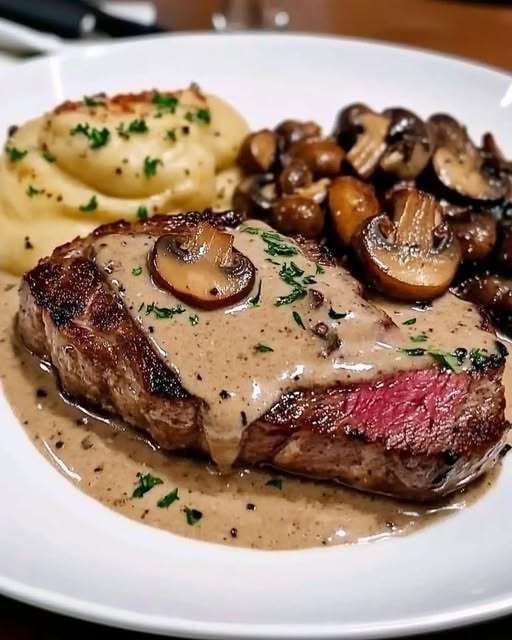 Filet mignon de bœuf nappé de sauce crémeuse au Boursin et champignons dans une assiette.