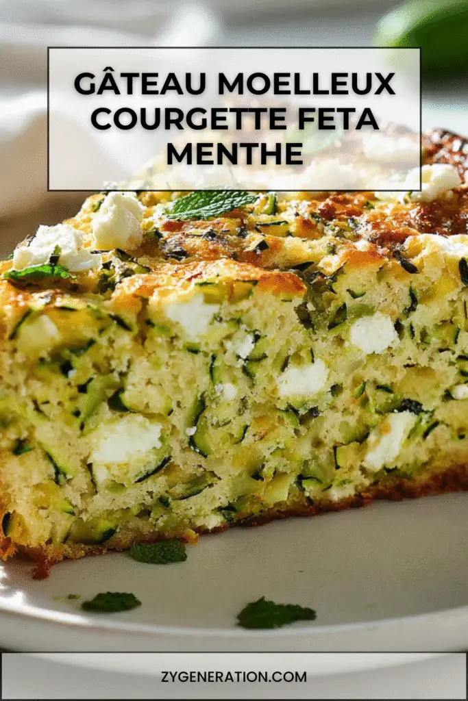Part de gâteau moelleux courgette feta menthe, coupée et posée sur une assiette.
