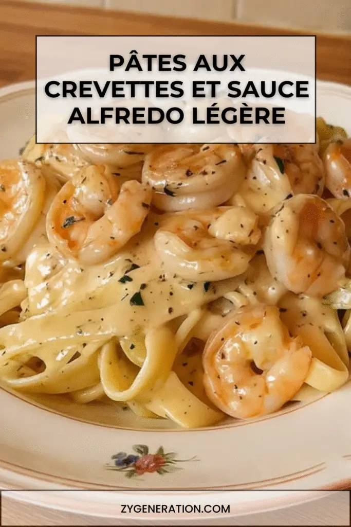 Pâtes aux crevettes nappées de sauce Alfredo légère, persil et citron.