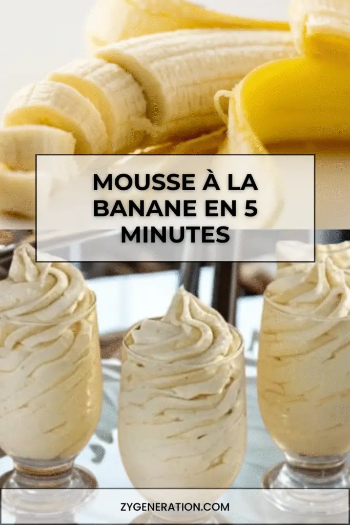 Mousse à la banane en verrines, surmontée de chantilly et de copeaux de chocolat.