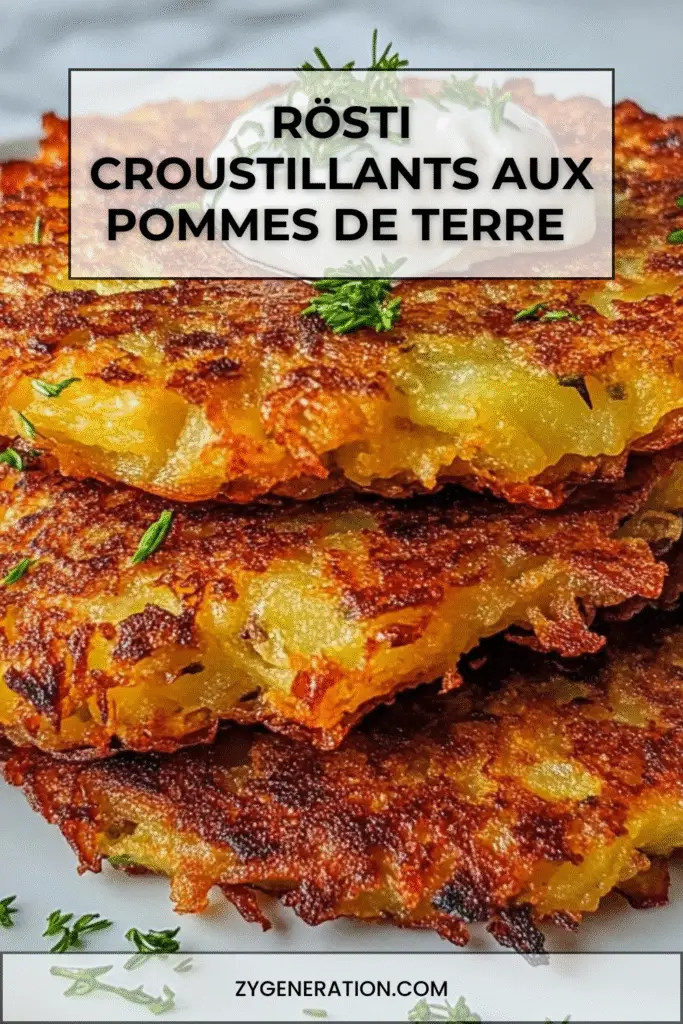 Galettes de rösti dorées et croustillantes, servies avec une cuillerée de crème fraîche et de l’aneth frais sur une assiette blanche.
