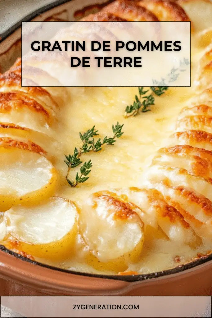 Gratin doré de pommes de terre germées et fromage, servi dans un plat familial, surmonté de brins de thym frais.