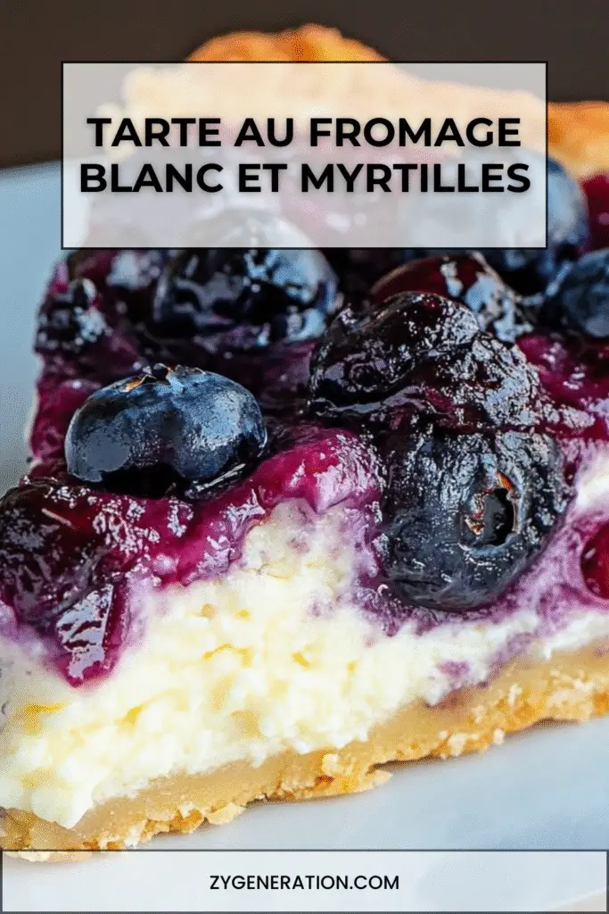 Tarte au fromage blanc garnie de myrtilles brillantes et nappée de confiture, servie sur une table en bois avec quelques fruits frais.
