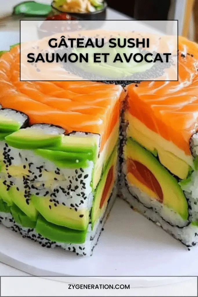 Gâteau sushi en couches avec saumon cru, avocat, riz vinaigré et graines de sésame, servi en parts façon entremets sur un plat élégant.