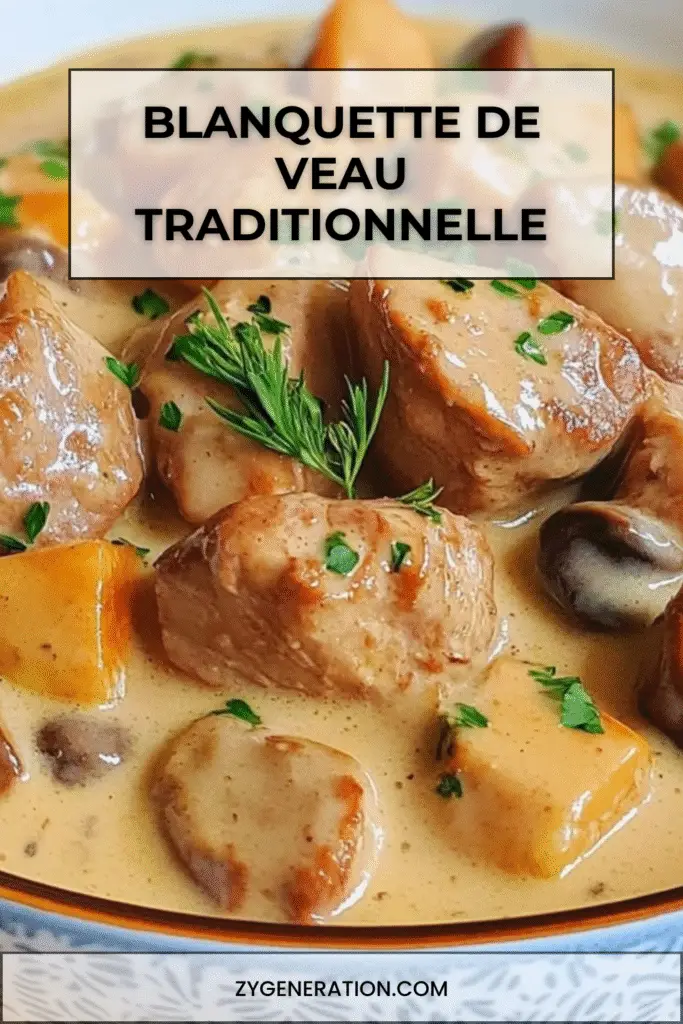 Blanquette de veau traditionnelle servie dans une cocotte, avec sauce crémeuse, carottes et champignons, décorée de persil et d’aneth.
