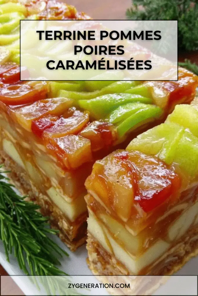 Tranches de terrine brillante aux pommes et poires caramélisées, décorées de lamelles de pomme verte, servies sur une assiette raffinée.