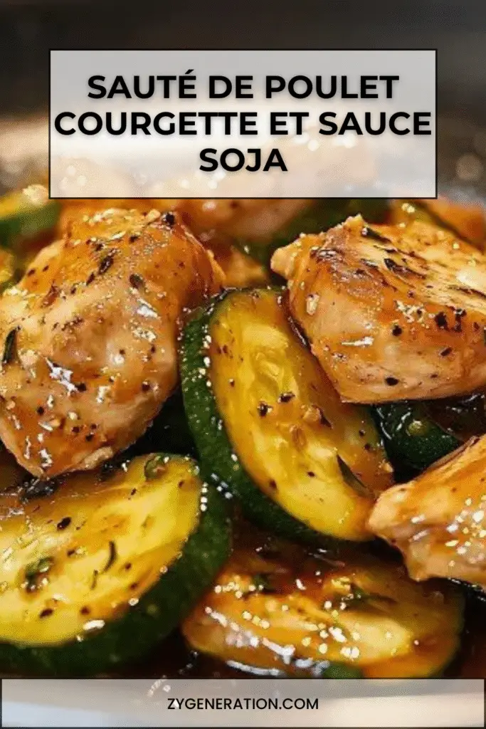 Morceaux de poulet dorés, courgettes et poivrons sautés, nappés d’une sauce soja brillante, servis dans une assiette blanche sur fond boisé.