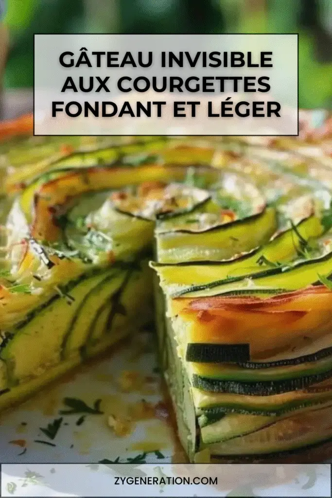 Tranches de gâteau invisible aux courgettes, bien dorées, montrant de fines couches de courgettes dans une pâte fondante, servies sur une assiette.