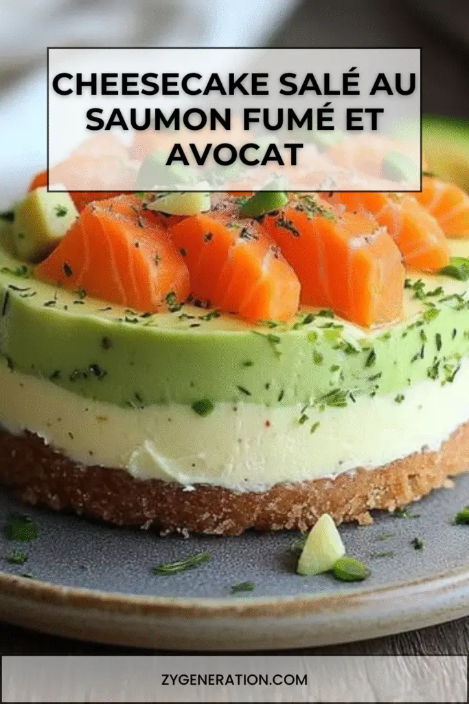 Part de cheesecake salé au saumon fumé, avocat et ciboulette, servie sur une assiette blanche avec zeste de citron.