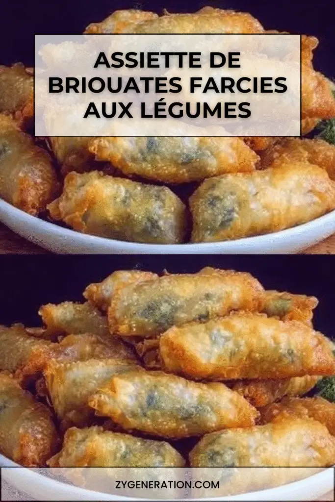 Briouates croustillantes aux légumes dorés, servies sur un plat avec herbes fraîches et quartiers de citron.