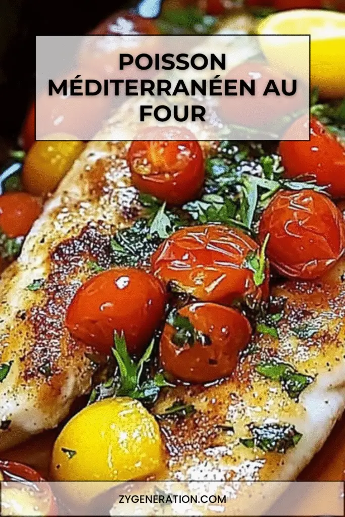 Filets de poisson méditerranéen cuits au four, entourés de tomates cerises rôties, quartiers de citron, herbes fraîches et huile d’olive.