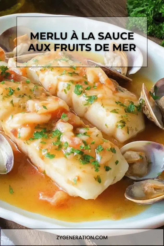 Assiette de merlu nappé de sauce crémeuse aux fruits de mer avec crevettes, moules et calamars.