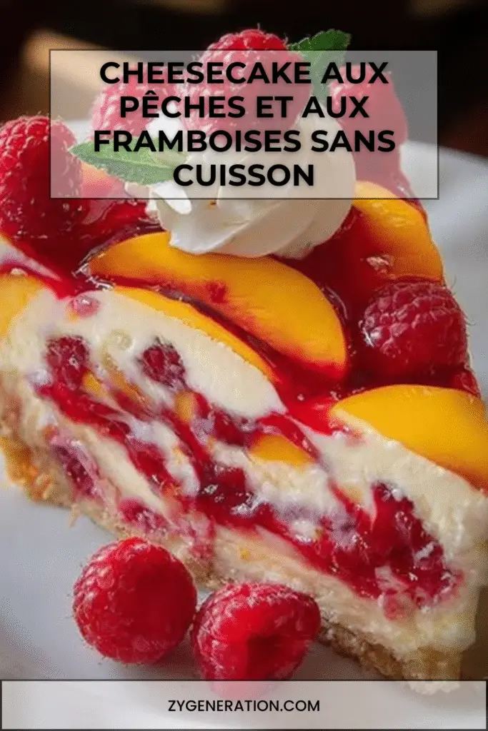 Part de cheesecake sans cuisson aux pêches et framboises avec base biscuitée et fruits frais en décoration.