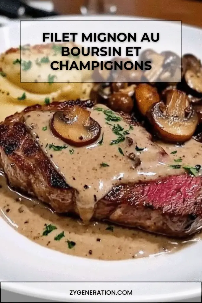 Filet mignon de bœuf nappé de sauce crémeuse au Boursin et champignons dans une assiette.