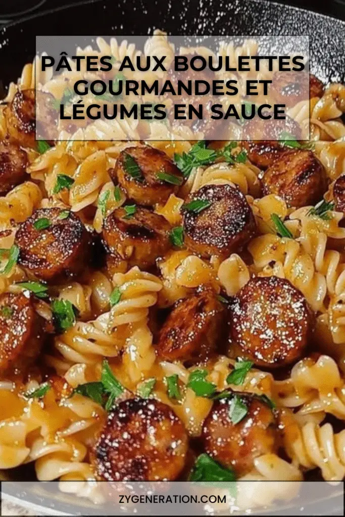 Assiette de pâtes avec boulettes de viande dorées, légumes colorés et sauce tomate onctueuse.