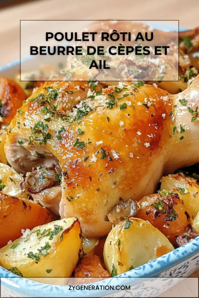 Poulet rôti doré au beurre de cèpes et ail, entouré de pommes de terre et carottes rôties.