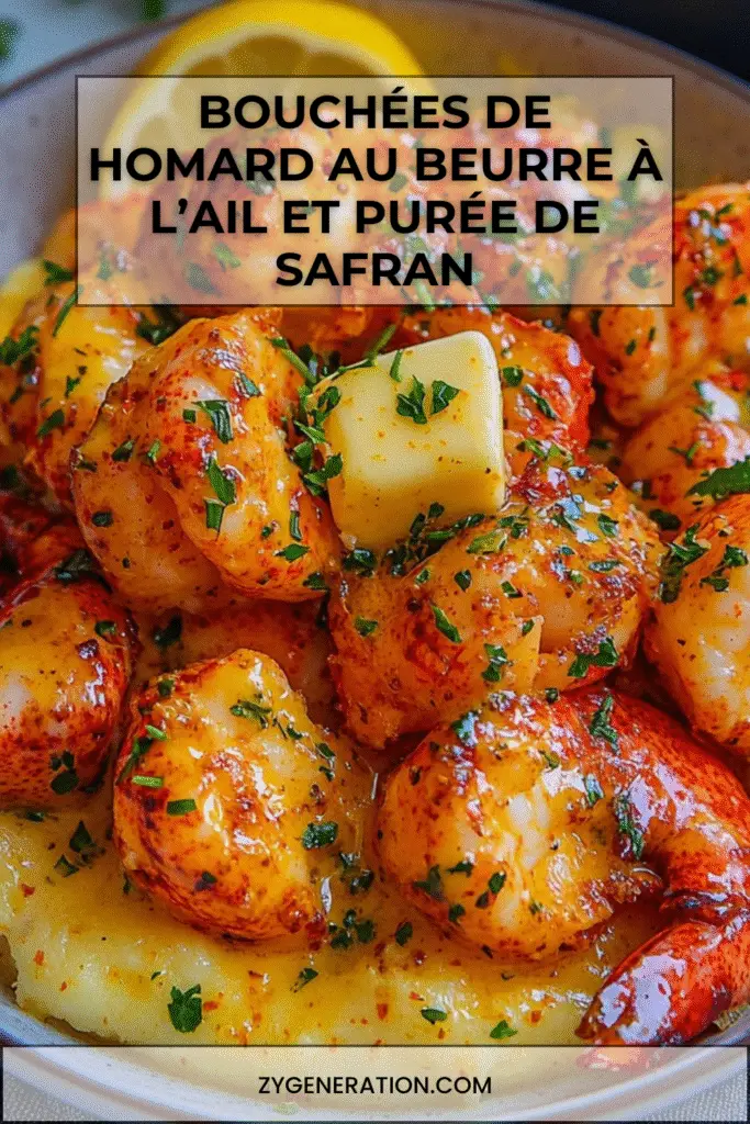 Assiette élégante de bouchées de homard au beurre à l’ail posées sur une purée de pommes de terre au safran.