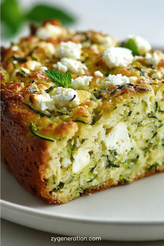 Part de gâteau moelleux courgette feta menthe, coupée et posée sur une assiette.