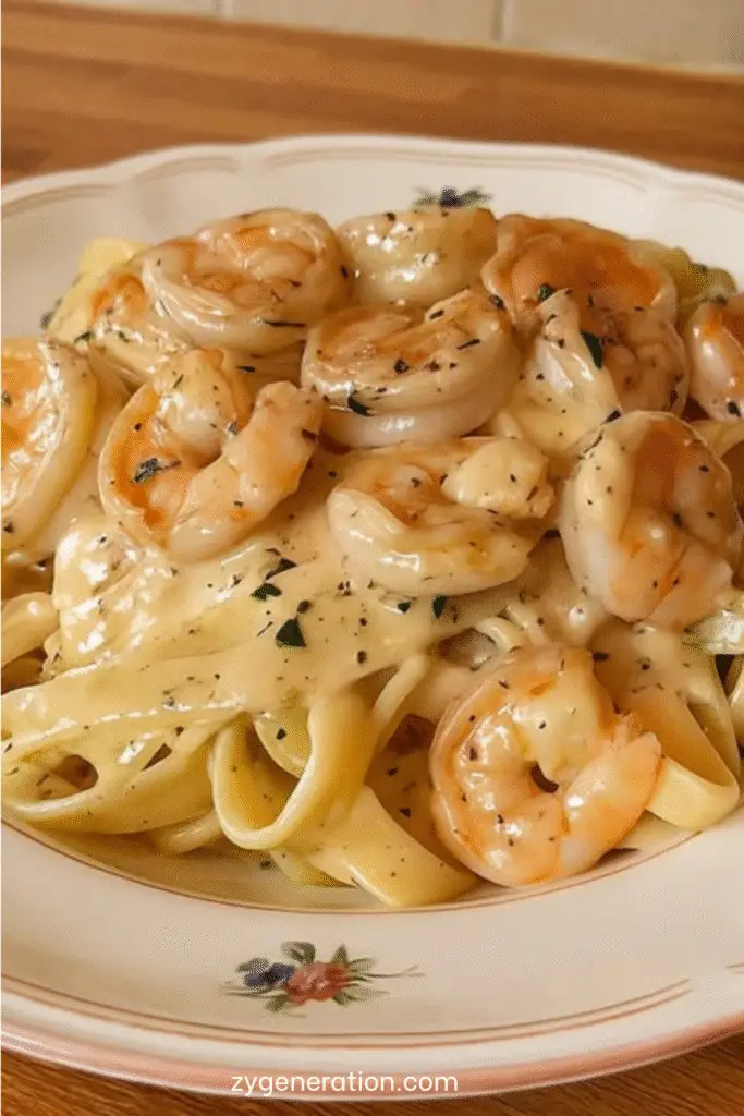 Pâtes aux crevettes nappées de sauce Alfredo légère, persil et citron.