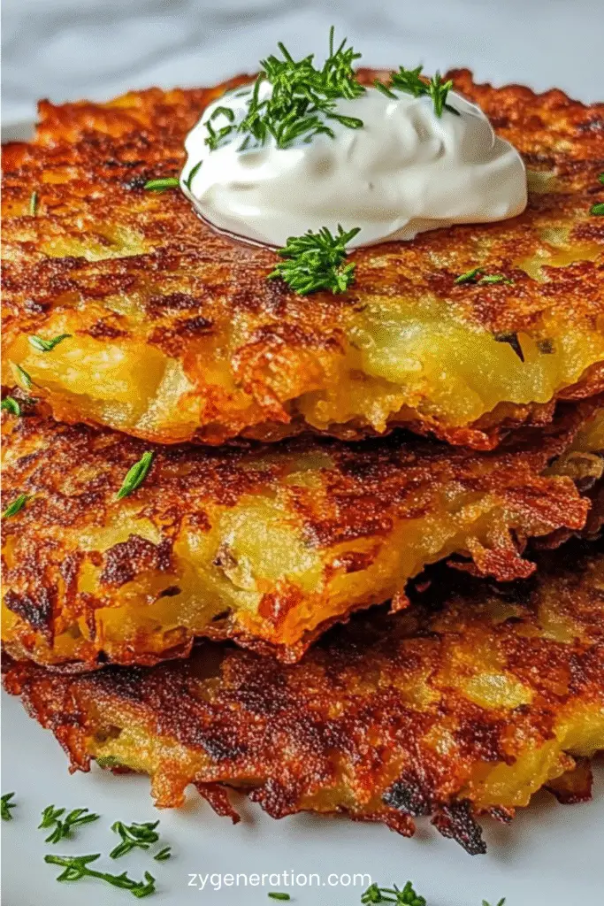 Galettes de rösti dorées et croustillantes, servies avec une cuillerée de crème fraîche et de l’aneth frais sur une assiette blanche.
