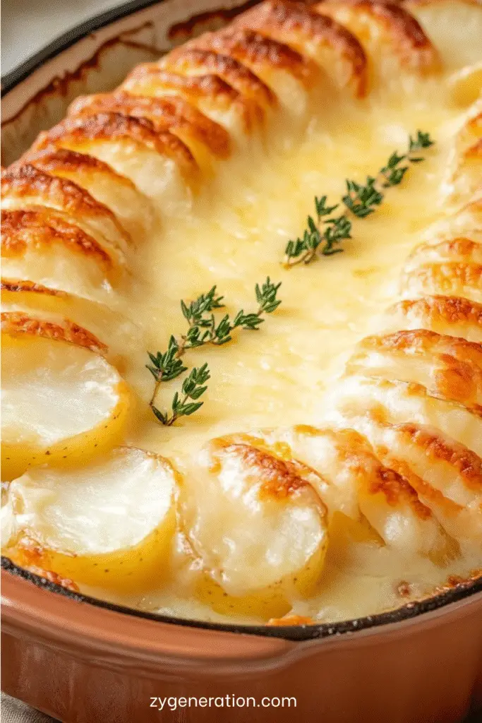 Gratin doré de pommes de terre germées et fromage, servi dans un plat familial, surmonté de brins de thym frais.
