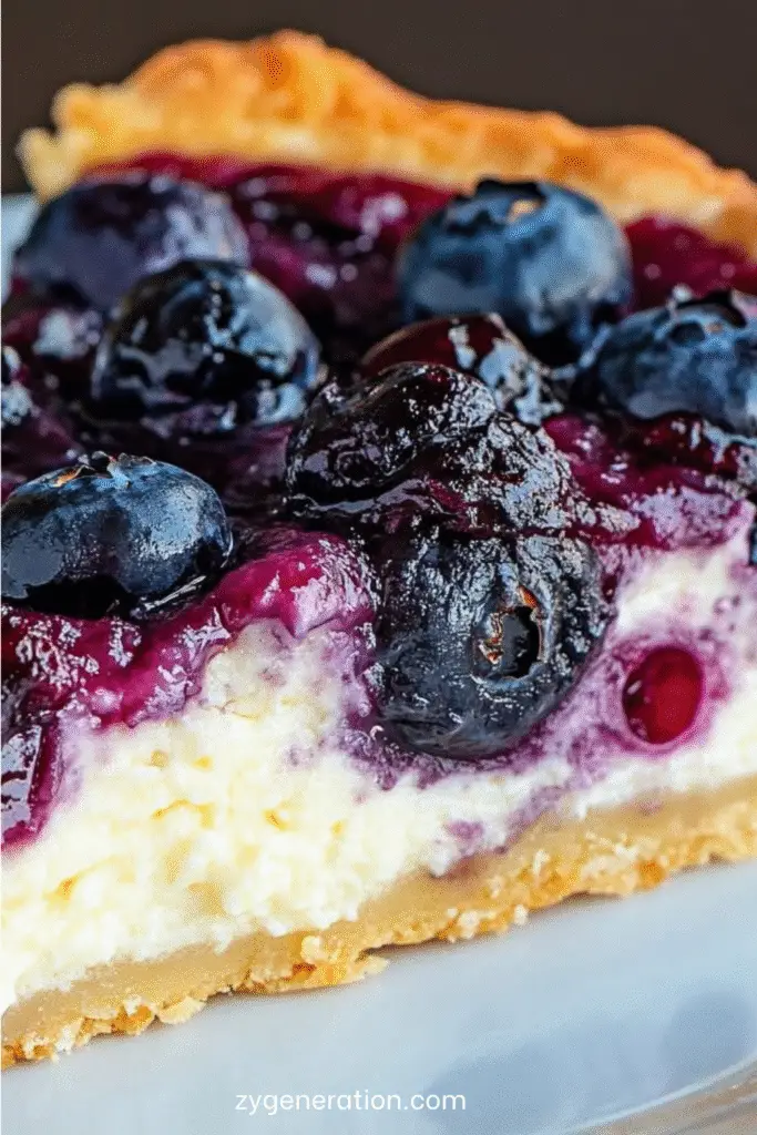 Tarte au fromage blanc garnie de myrtilles brillantes et nappée de confiture, servie sur une table en bois avec quelques fruits frais.