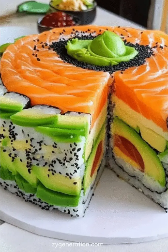 Gâteau sushi en couches avec saumon cru, avocat, riz vinaigré et graines de sésame, servi en parts façon entremets sur un plat élégant.