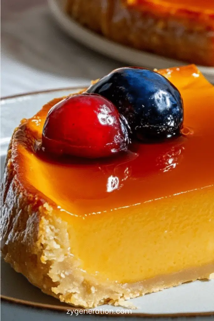 Flan pâtissier doré aux mirabelles sur pâte brisée, découpé en parts, décoré de fruits rouges, présenté sur une assiette blanche.