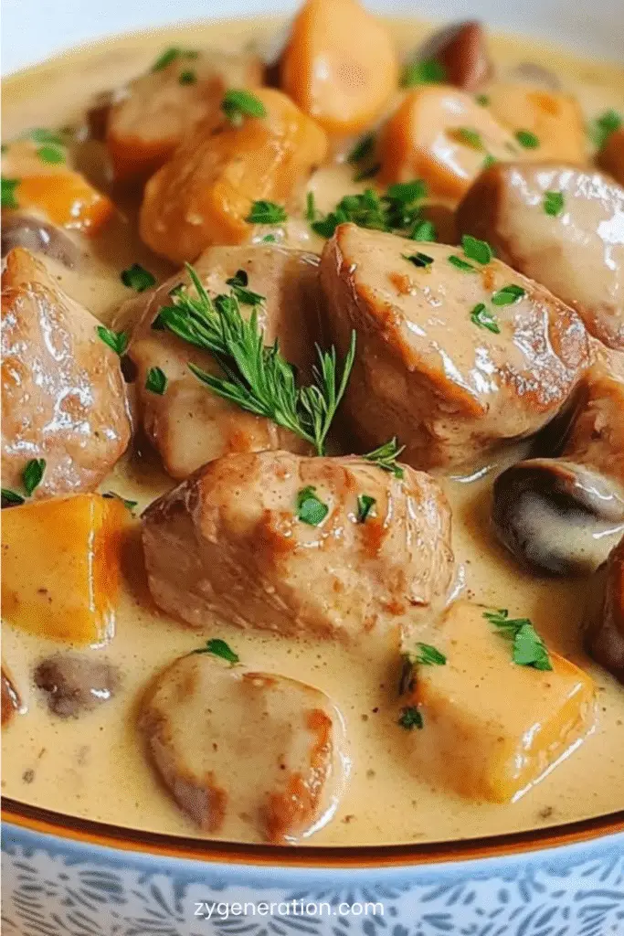Blanquette de veau traditionnelle servie dans une cocotte, avec sauce crémeuse, carottes et champignons, décorée de persil et d’aneth.