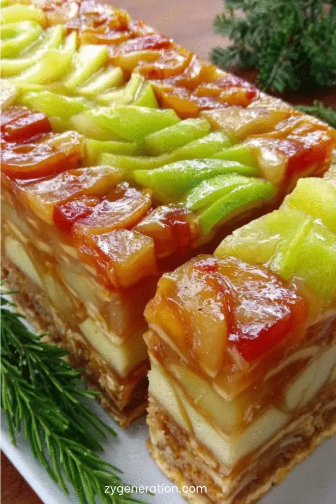 Tranches de terrine brillante aux pommes et poires caramélisées, décorées de lamelles de pomme verte, servies sur une assiette raffinée.