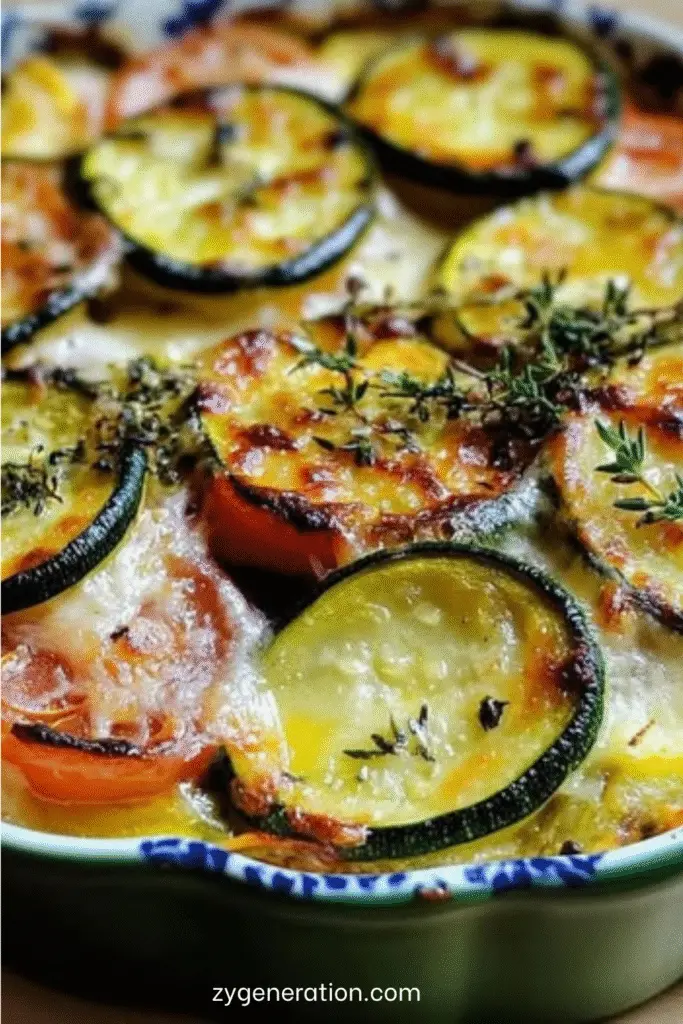 Gratin de courgettes et tomates doré au four, avec fromage gratiné, thym frais et légumes en couches, servi dans un plat familial.