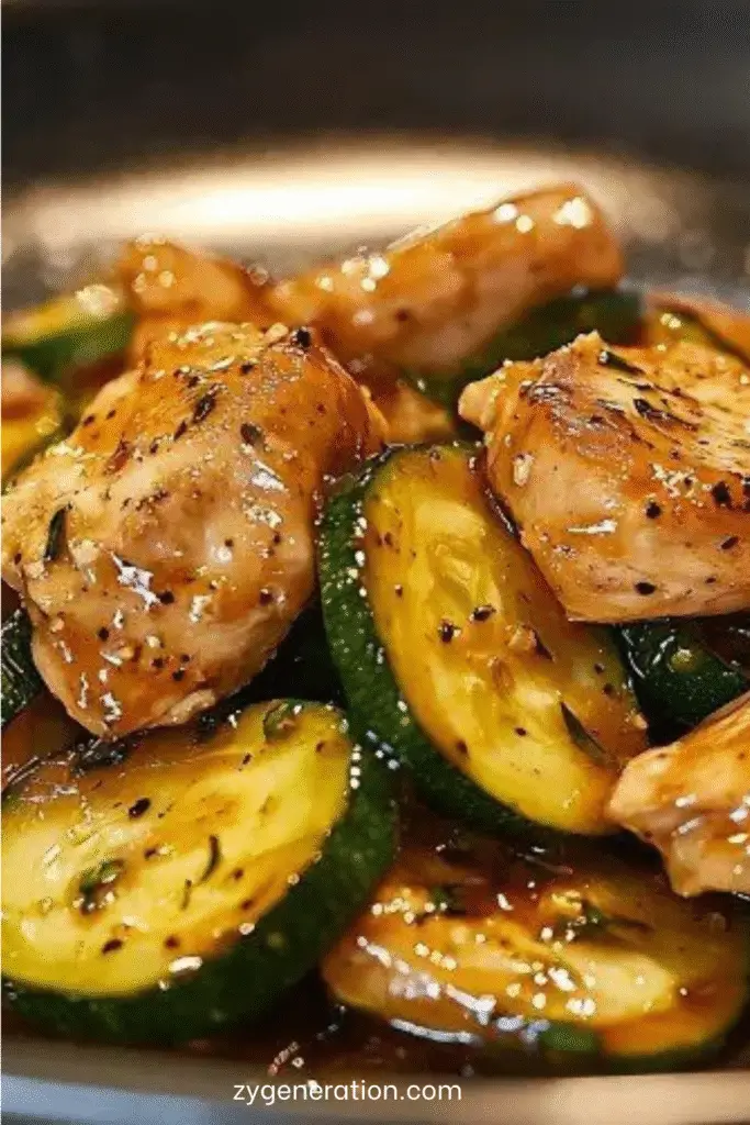 Morceaux de poulet dorés, courgettes et poivrons sautés, nappés d’une sauce soja brillante, servis dans une assiette blanche sur fond boisé.
