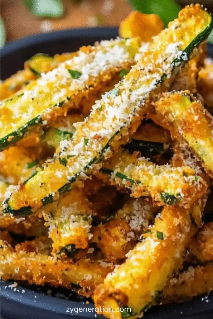 Bâtonnets de courgette panés au parmesan, dorés au four, servis avec une sauce légère sur une assiette blanche.