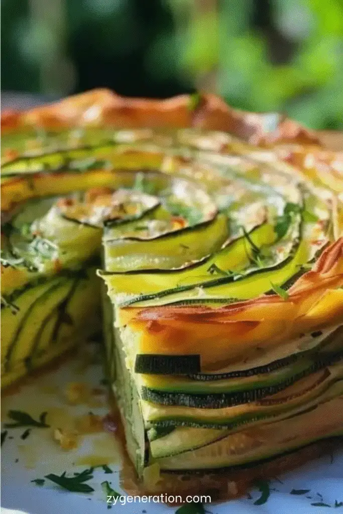 Tranches de gâteau invisible aux courgettes, bien dorées, montrant de fines couches de courgettes dans une pâte fondante, servies sur une assiette.