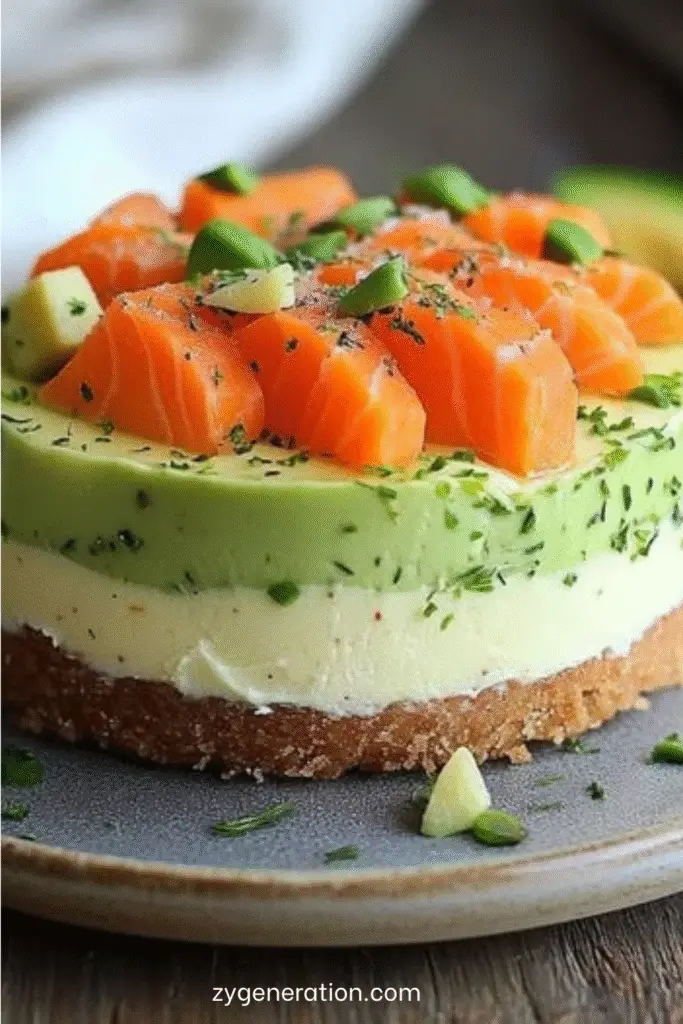 Part de cheesecake salé au saumon fumé, avocat et ciboulette, servie sur une assiette blanche avec zeste de citron.