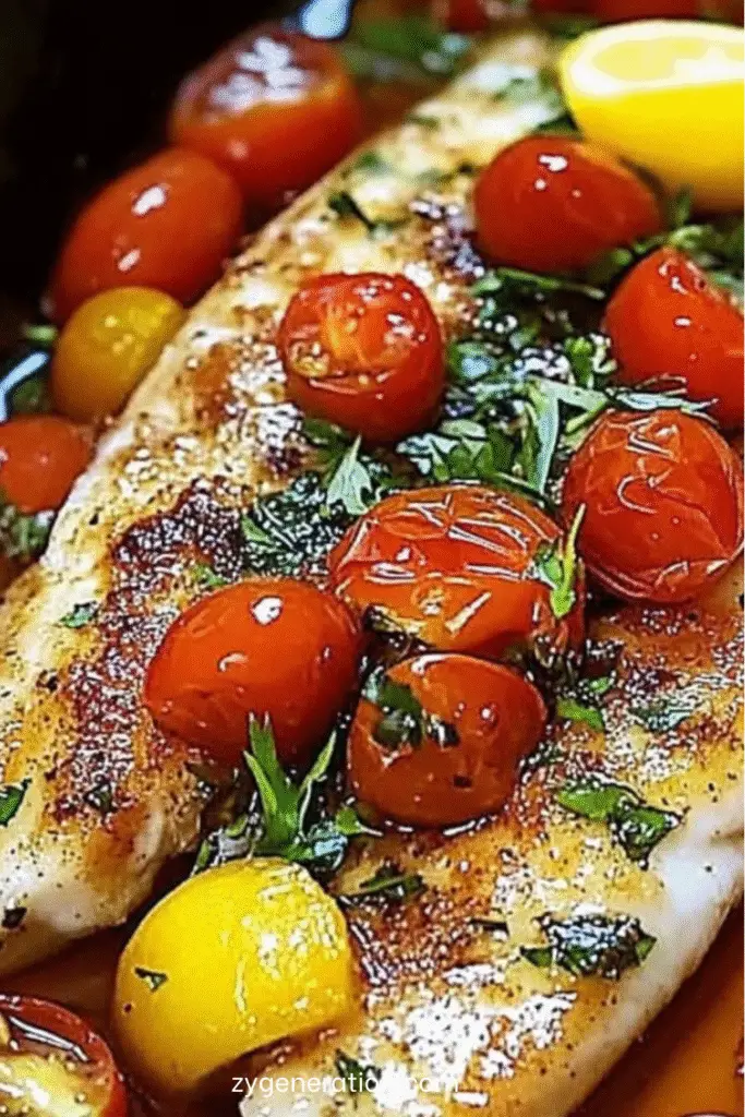Filets de poisson méditerranéen cuits au four, entourés de tomates cerises rôties, quartiers de citron, herbes fraîches et huile d’olive.