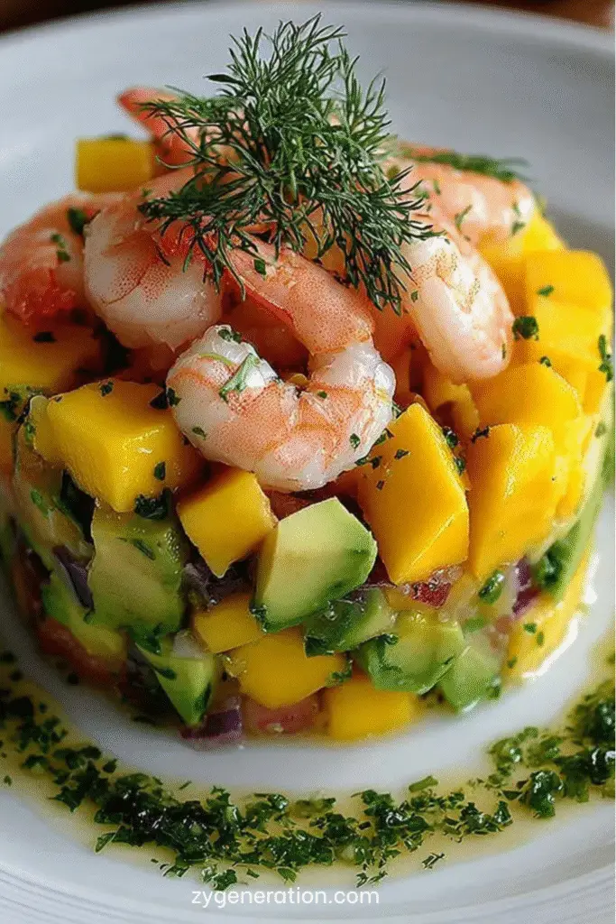 Tartare de crevettes, avocat et mangue dressé en cercle, décoré de feuilles de coriandre et de quartiers de citron vert.