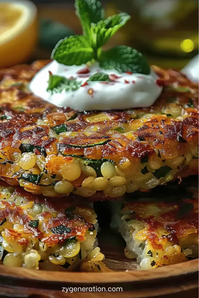 Galettes de lentilles et courgettes maison avec sauce yaourt à la menthe fraîche