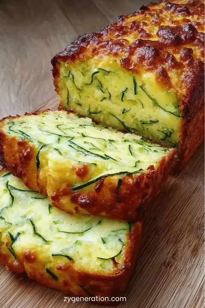 Pain de courgette et fromage moelleux, tranché, servi sur planche en bois avec salade