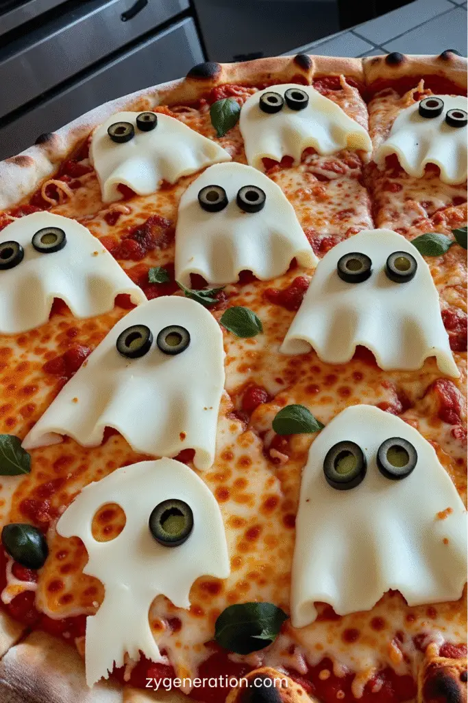 Pizza Fantôme d’Halloween décorée au fromage