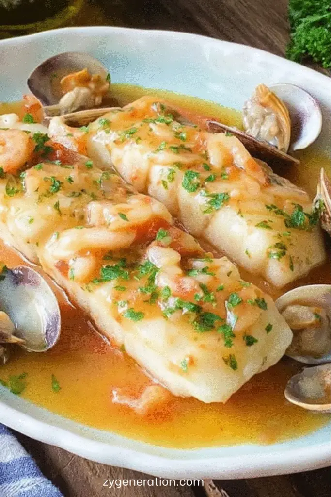 Assiette de merlu nappé de sauce crémeuse aux fruits de mer avec crevettes, moules et calamars.