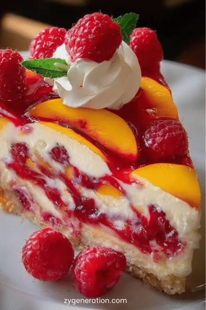 Part de cheesecake sans cuisson aux pêches et framboises avec base biscuitée et fruits frais en décoration.