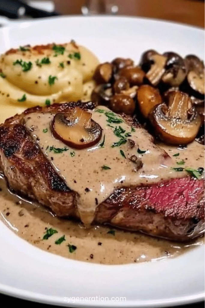 Filet mignon de bœuf nappé de sauce crémeuse au Boursin et champignons dans une assiette.