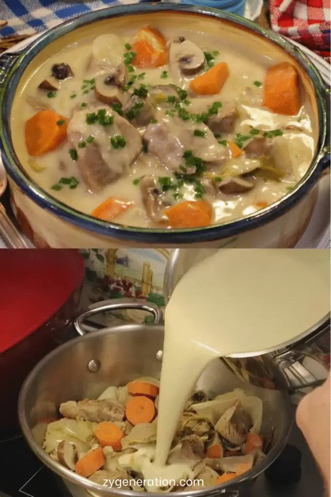Assiette de blanquette de veau traditionnelle avec sauce crémeuse et champignons.