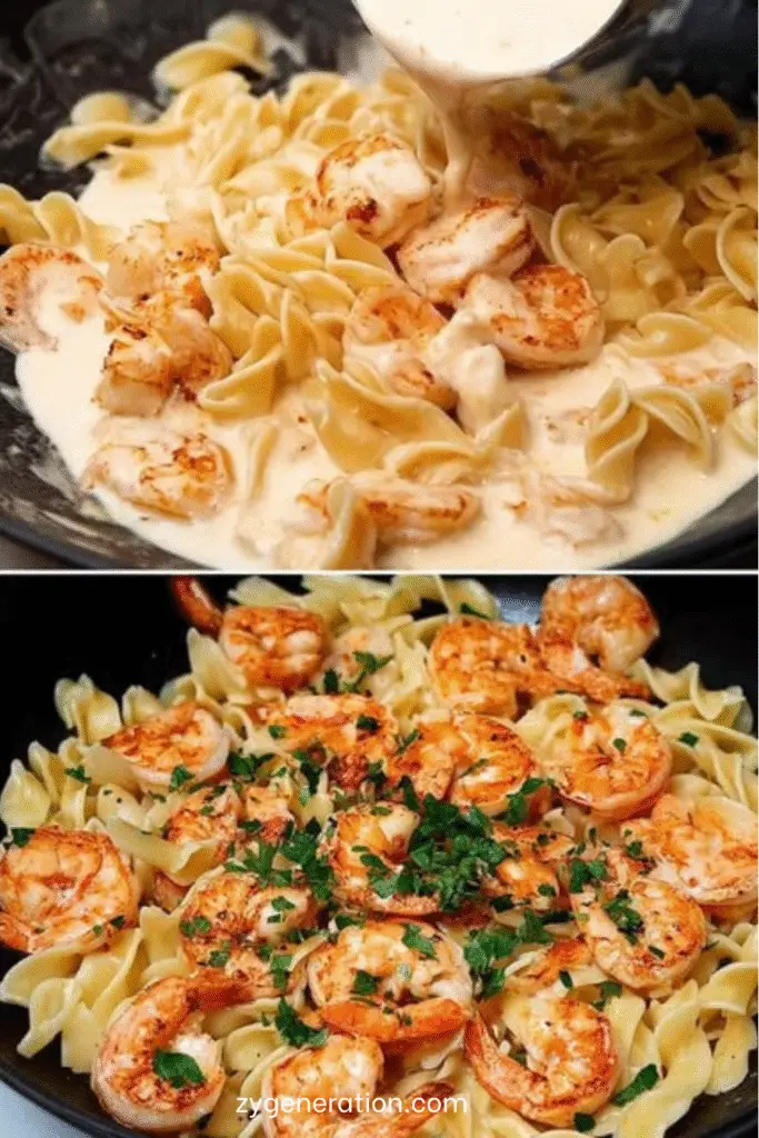 Assiette de pâtes aux crevettes dorées avec persil et parmesan.